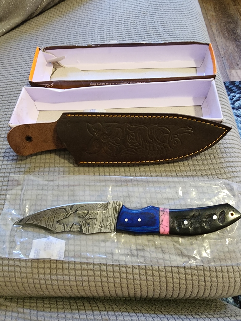 Custom Damascus Steel Hunting Knife with Blue, Pink & Black Bone Handle (Shark)